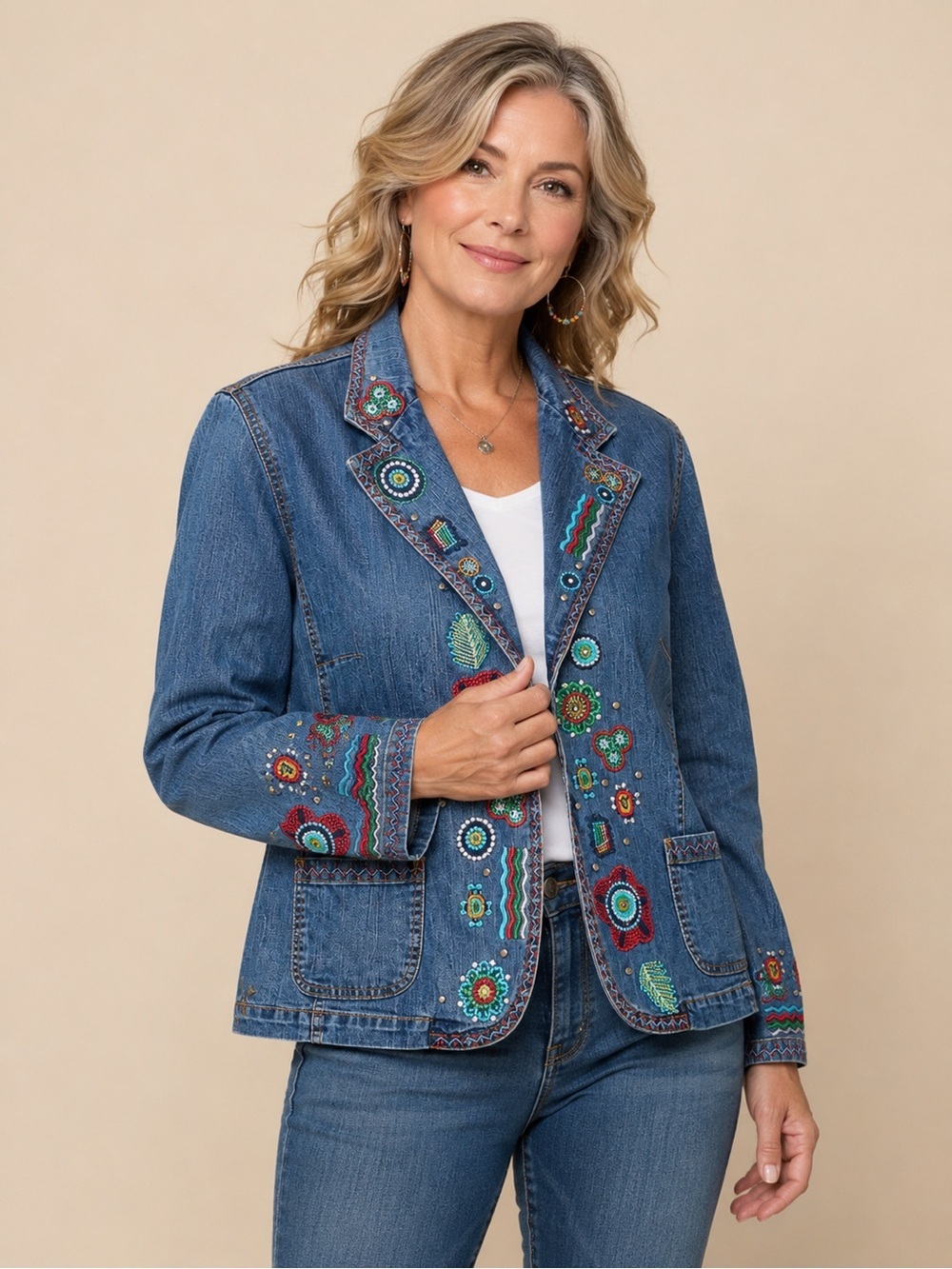 Ruby Rd Embroidered Denim Blazer Jacket Women’s Size 18 Floral Boho Western